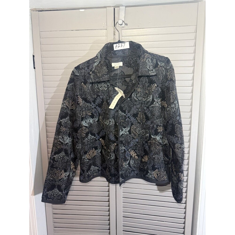 Christopher & Banks Black Floral Metallic Jacquard Zip-Front Jacket